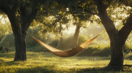 A Comfortable Hammock Hangs Gently Between Two Mature Trees
