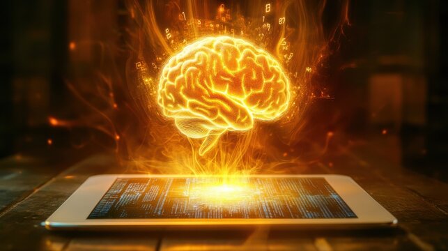 Glowing Brain Above Tablet Displaying Code - Powered by Adobe