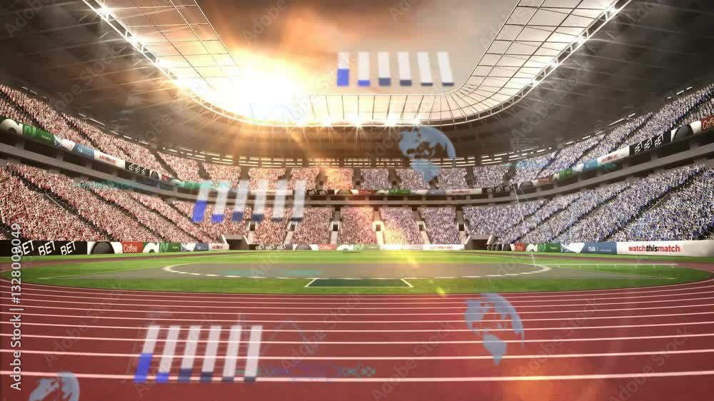 Poster stadium with track and field, data processing animation over cheering crowd