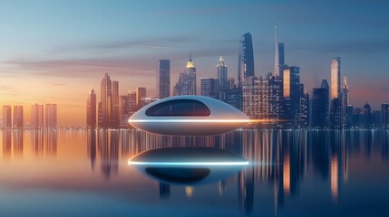Naklejka premium A futuristic city skyline with flying cars, illuminated by neon lights reflecting on the water