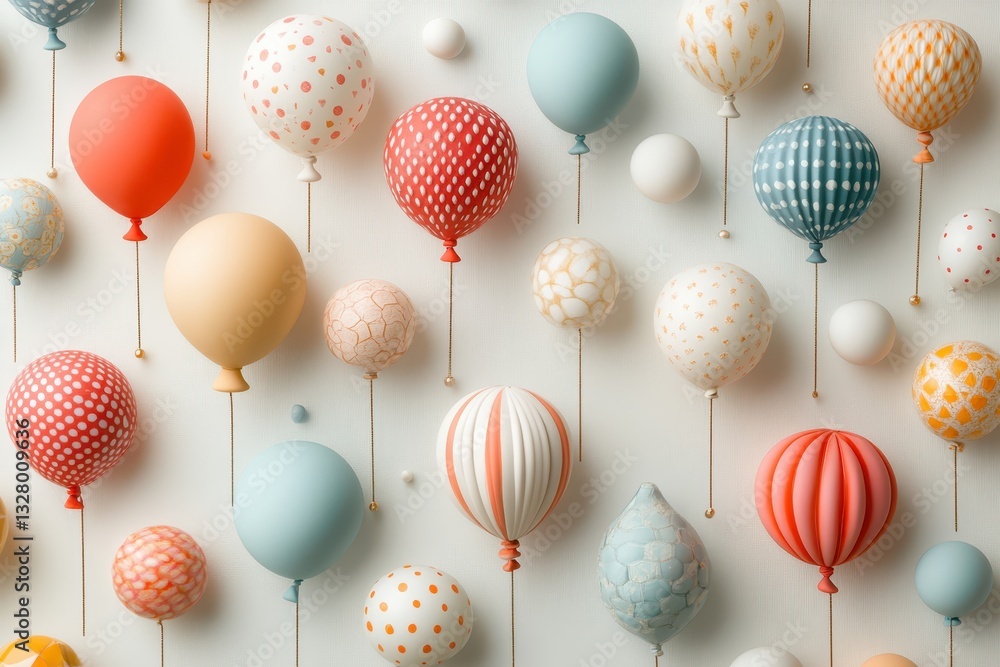 Poster Colorful decorative balloons in various shapes and patterns arranged on a light wall, creating a festive atmosphere suitable for any celebration or event