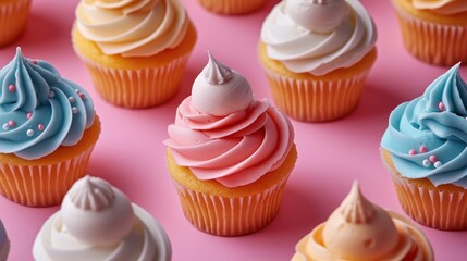 Colorful cupcakes with swirls of frosting and sprinkles arranged on a pastel pink background in a cheerful dessert display