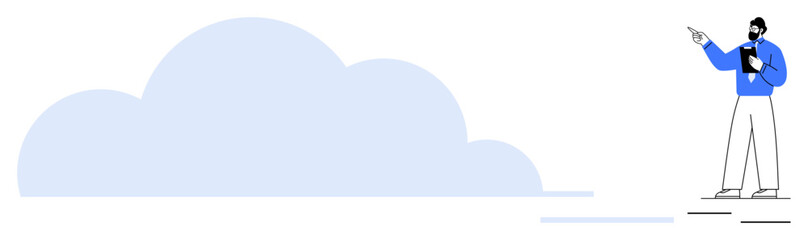 Businessman holding a notebook and pointing at a large cloud, representing cloud computing, innovation, futuristic solutions. Ideal for technology, business, cloud storage, IT services, progress