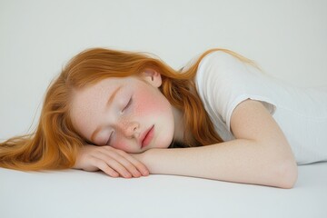 Fototapeta premium Young Girl with Red Hair Sleeping Peacefully on White Surface