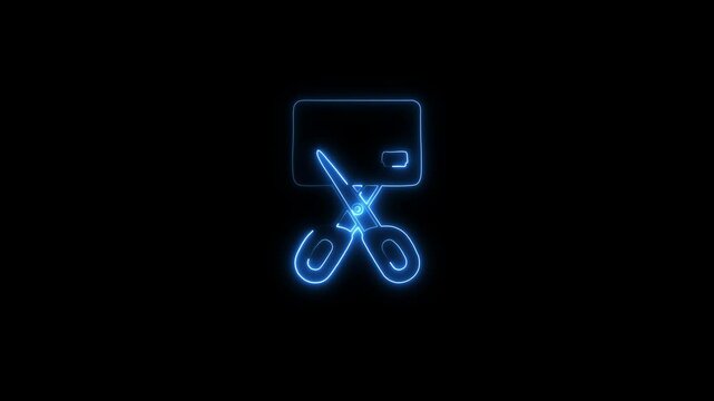 A glowing neon pair of scissors cutting through a credit card icon.Bright neon scissors cutting through a credit card illustration.A futuristic neon scissors icon snipping a credit card.