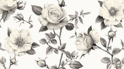 Monochrome Rose Floral Illustration Pattern
