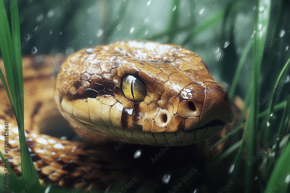 Aufkleber Snake resting on green grass with stones in background captured in the soft light of a serene natural setting