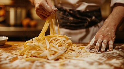 Artisan Pasta Creation, Hands Shaping Fresh Dough in a Culinary Kitchen