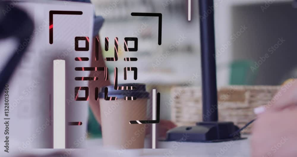 Poster qr code animation over coffee cup and payment terminal on counter