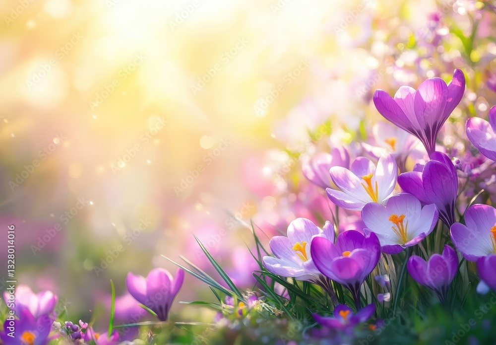 Poster vibrant spring crocuses bloom in beautiful garden setting with soft light and dreamy background in p