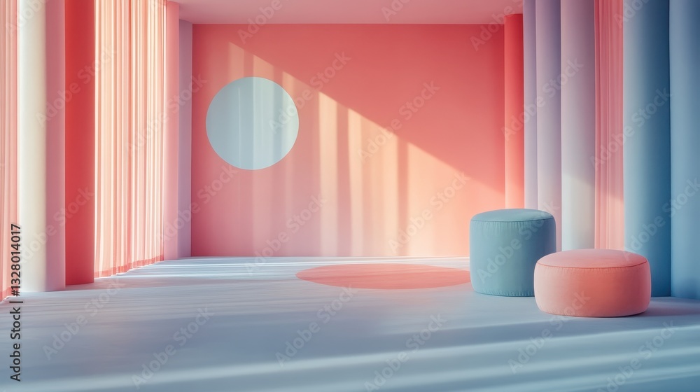 Poster bright and colorful vector illustration of a modern staircase leading to an abstract archway against
