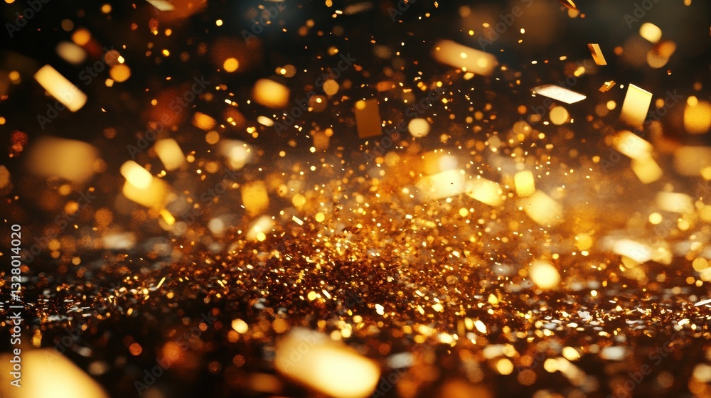 Poster sparkling golden glitter spread across a dark surface creates a shimmering backdrop ideal for celebr