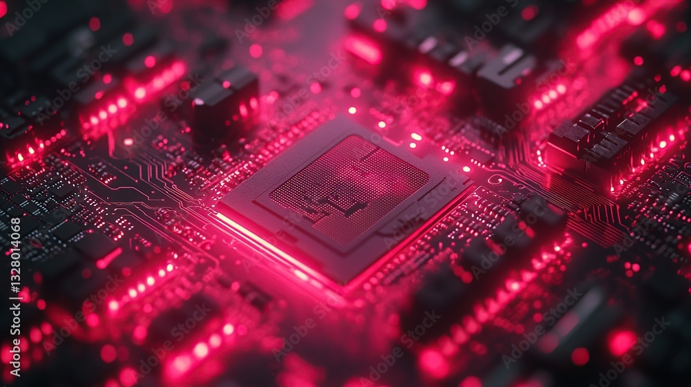 Poster close-up of a glowing computer circuit board with central processor