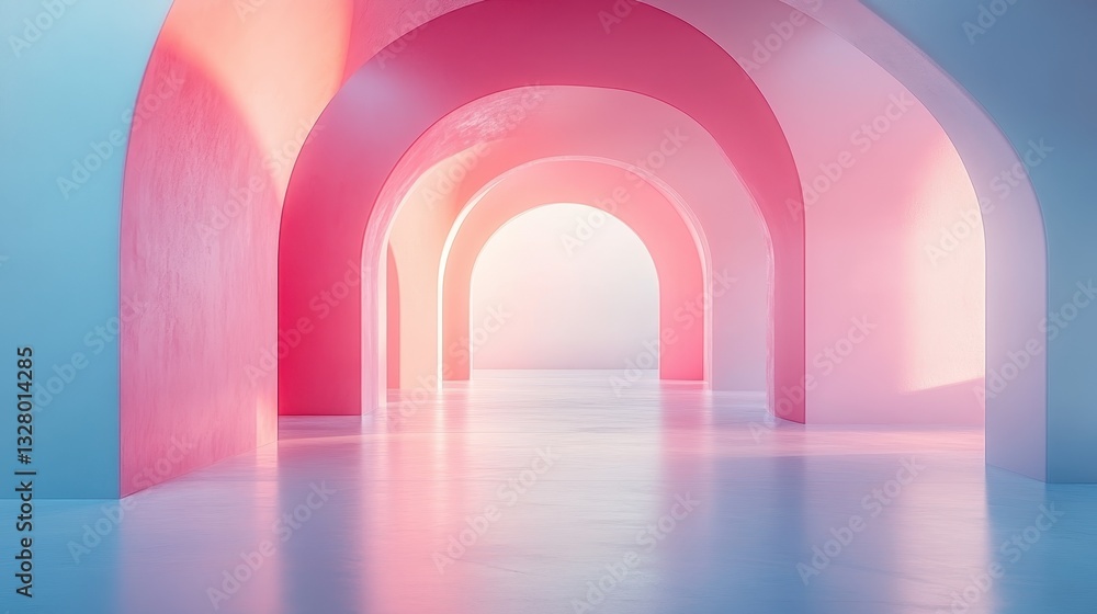 Poster Bright and colorful vector illustration of a modern staircase leading to an abstract archway against a pastel backdrop