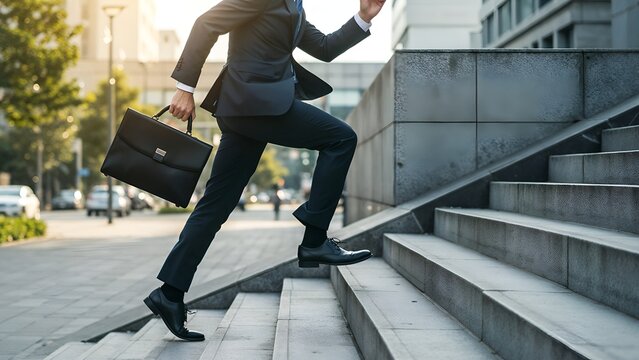 Confident businessman running up stairs in an urban setting, holding a black briefcase. Symbolizing determination, motivation and career success in a corporate environment