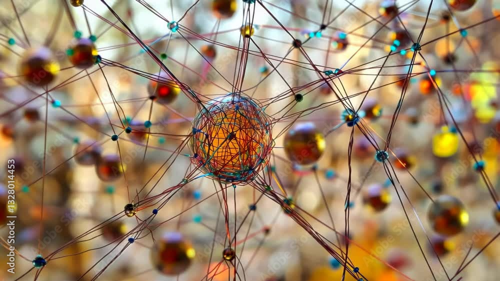 Poster exploring the intricate beauty of microscopic networks illuminated by vibrant colors and delicate st