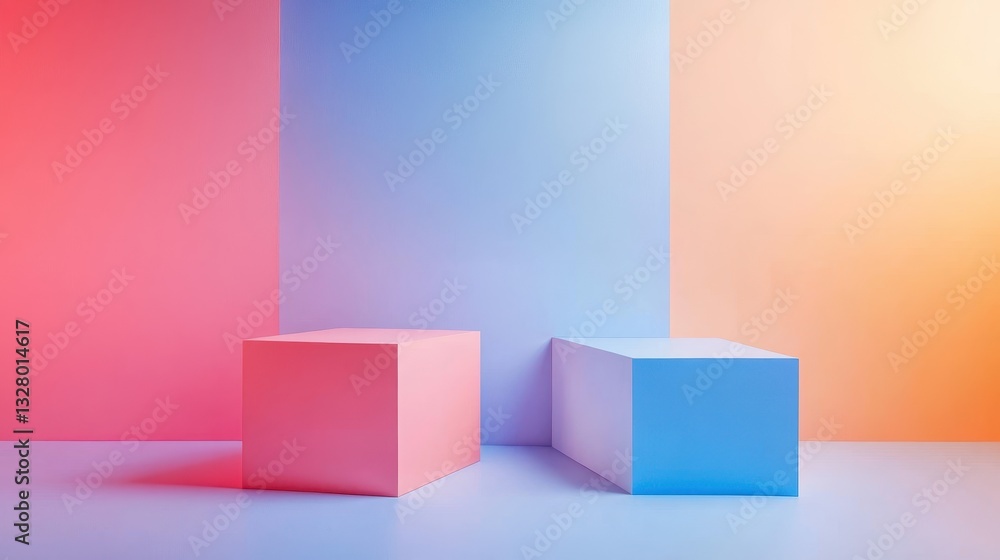 Poster Bright and colorful vector illustration of a modern staircase leading to an abstract archway against a pastel backdrop