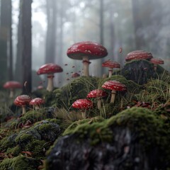 Red and White Amanita Mushrooms in a Forest Environment