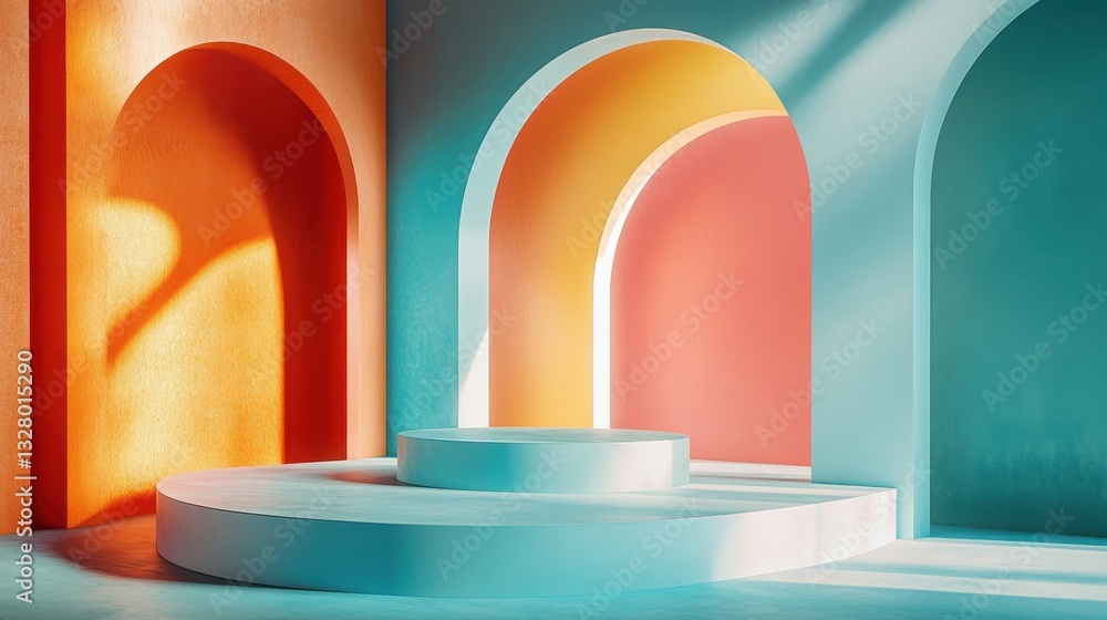 Poster colorful abstract illustration of curved architectural elements with vibrant hues and soft shadows i
