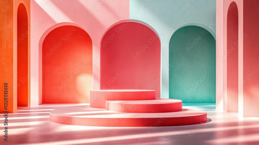 Poster colorful abstract illustration of curved architectural elements with vibrant hues and soft shadows i