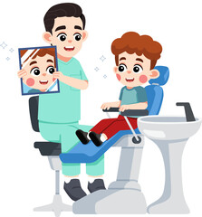 a Dentist Holding a Mirror for a Kid on Dental Patient Chair to See