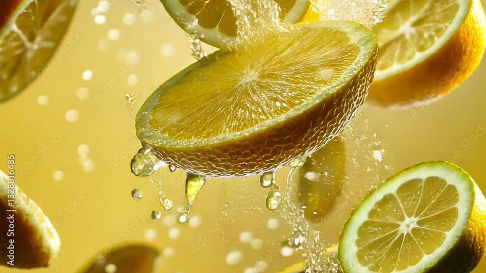 Poster refreshing citrus slices cascade in a vibrant splash of juice against a sunny backdrop generative ai