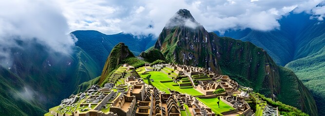 A breathtaking view of Machu Picchu, mist rolling through the ancient ruins