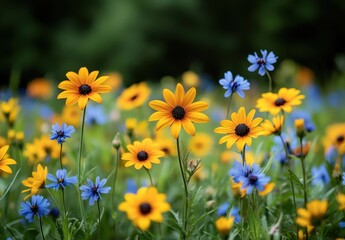 Vibrant Summer Flower Field with Bright Yellow and Blue Blossoms Against Soft Green Background in Nature's Serenity