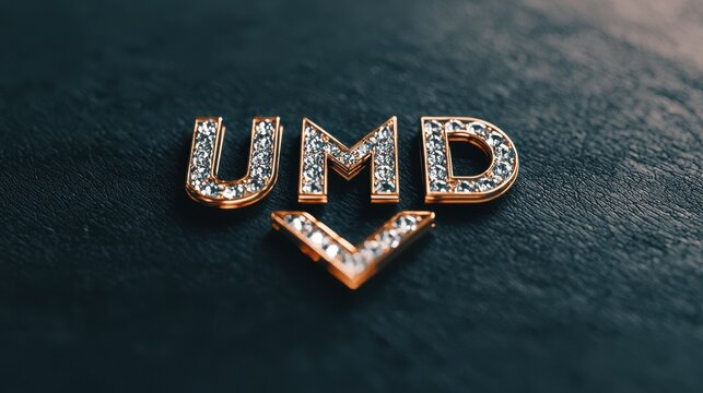 Shiny Diamond Lettering with UMD Logo on Dark Leather Background