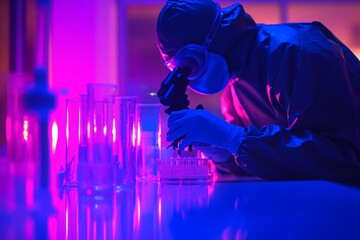 Scientist in Protective Gear Using Microscope in Neon Lab Environment