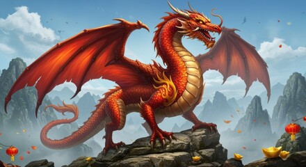 A majestic red dragon perches atop rocky terrain, exuding strength and power. Surrounded by misty mountains and decorated with lanterns, it symbolizes fortune and tradition. Ideal for fantasy themes.