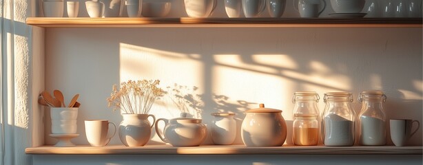 Obraz premium Captivating kitchen shelf arrangement modern home still life photography warm natural light comforting aesthetic