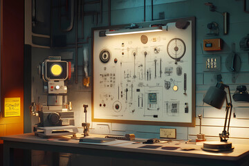 Innovative robot workshop featuring mechanical puzzles and invention codes inspiring futuristic creativity and engineering challenges