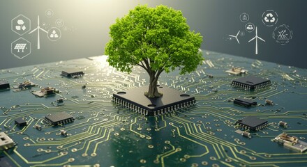 A vibrant tree on a circuit board symbolizes the blend of nature and technology. Renewable energy icons highlight environmental awareness in today's digital world.