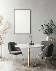 Minimalist dining room with marble table, grey chairs, and mockup poster.
