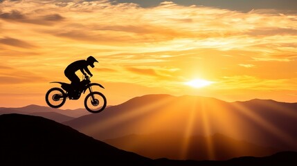 Obraz premium Motocross Rider Silhouette Jumping at Sunset Over Hills