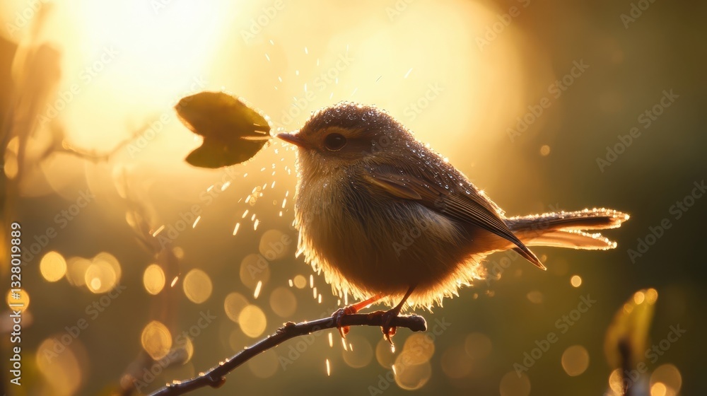Poster a small bird is perched on a branch with a leaf