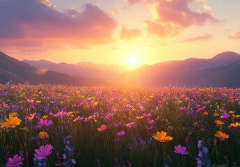 Fototapeta premium Vibrant Sunset Over Lush Flower Field with Mountainous Horizon and Colorful Blooms Illuminated by Warm Golden Light