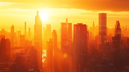 Fototapeta premium Vibrant golden hour cityscape showcasing skyscrapers aglow with warm light, reflecting modern urban elegance beautifully