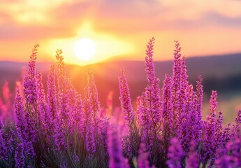 Vibrant Sunset Over Lavender Flower Field with Fiery Sky Illuminating a Serene Landscape in Soft Focus for Nature Lovers and Photographers