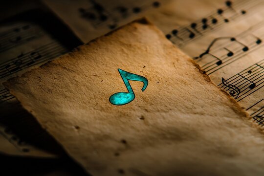 Desaturated musical notes only a single glowing blue note in color symbolizing inspiration