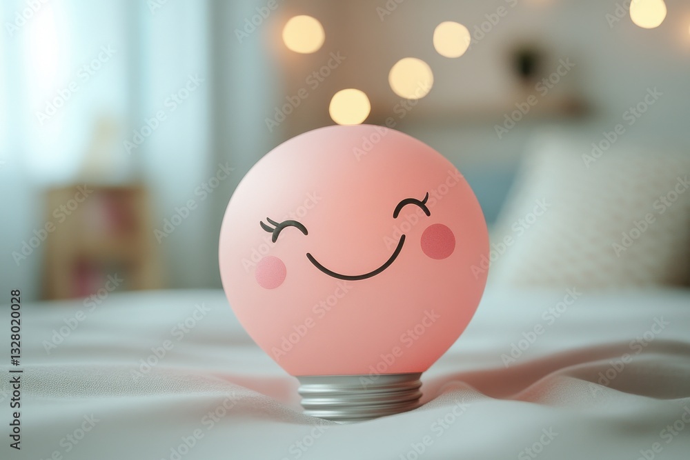 Poster smiling light bulb illustration with cheerful expression in bright yellow on a warm background