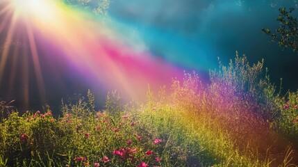 Fototapeta premium Whimsical rainbow light illuminating floral meadow, creating dreamlike scenery