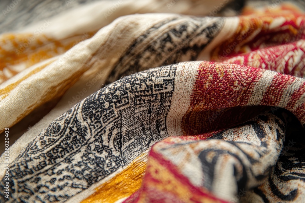 Poster Elegant textile featuring intricate patterns and rich color tones, showcasing fine craftsmanship and intricate designs for decorative purposes