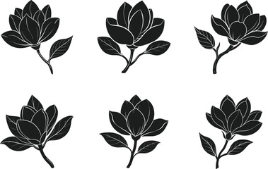 Set of Magnolia Flower Silhouettes – Elegant Botanical Vector Illustrations for Spring and Floral Designs