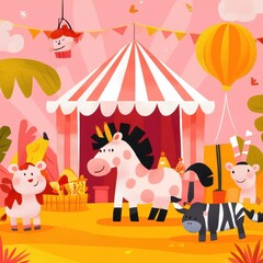 A colorful circus scene featuring whimsical animals and festive decorations