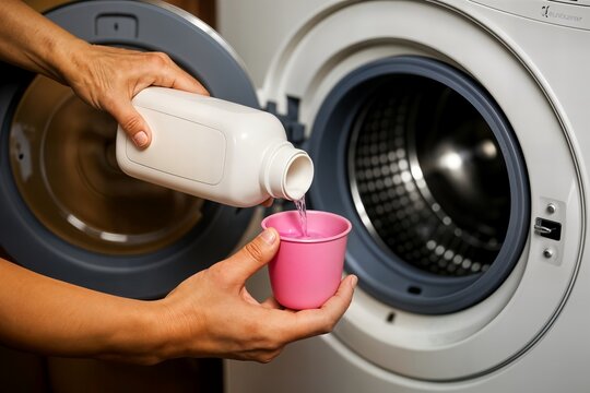 close-up of a person pouring liquid detergent from a plastic bottle into a small measuring cup primer plano de una persona vertiendo detergente l&iacute;quido una botella de pl&aacute;stico un peque&ntilde;o vaso medidor