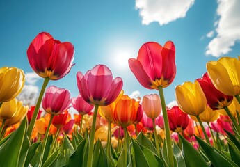 Vibrant Tulip Field Under Bright Blue Sky with Fluffy Clouds and Sunlight Shining Through Petals in Spring Season