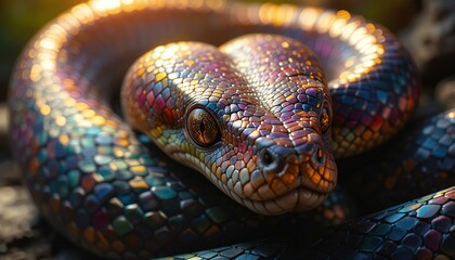 Fototapeta premium Close-up of Snake Head with Colorful Scales.