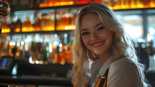 Blonde bartender is smiling at looking at camera
